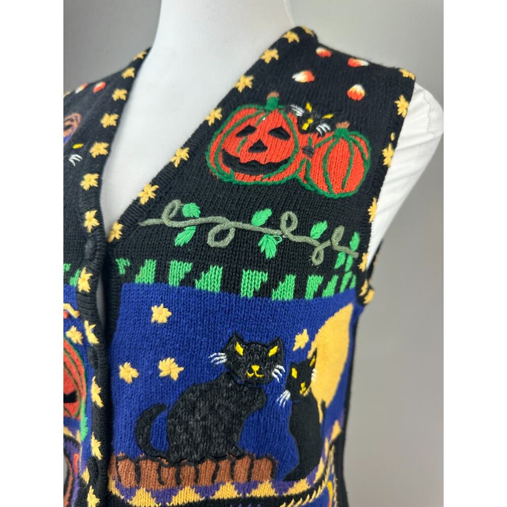 Hampshire Studio BOO! Halloween Sweater Vest Embroidered Pumpkin Black Cat M - Picture 11 of 15